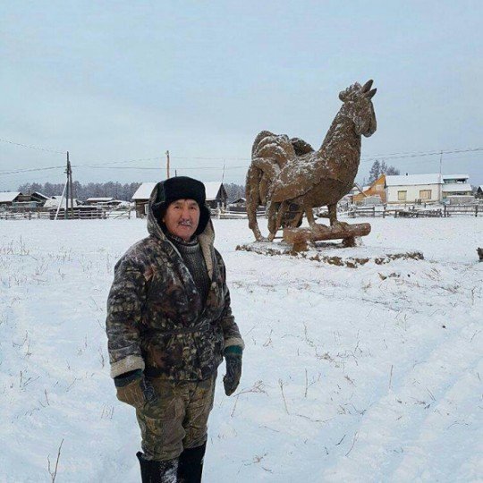 Скульптура петуха из навоза